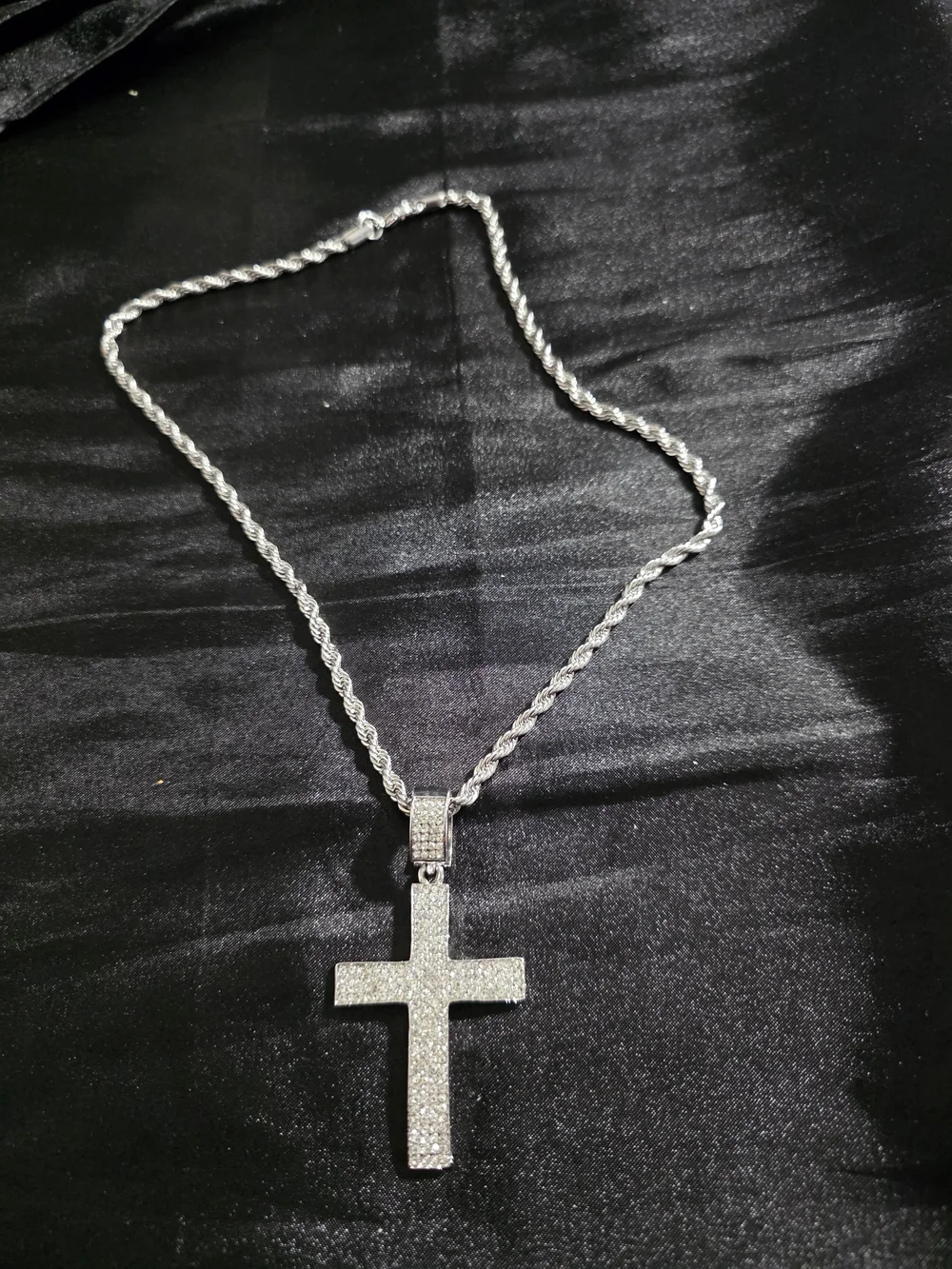 Silver Tone Rope Chain Bling Cross Charm Pendant Swaggy Necklace,